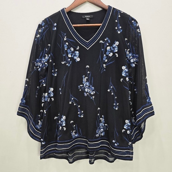 Alfani Tops - Vtg 90s Y2K Alfani Blouse Top M Petite Black Floral Embroidered Bell 3/4 Sleeves
